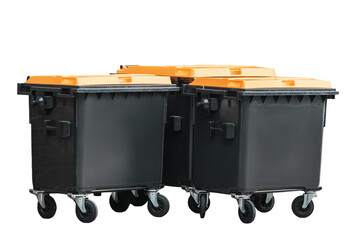 Three large plastic garbage containers isolated on white background, ready for waste collection