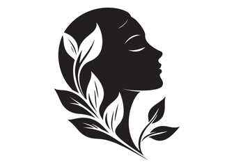 Beautiful women head and leaves logo design vector, beauty woman hair leaf logo, women beauty logo and vector silhouette, Black silhouette of a womans profile with leaves on white background.