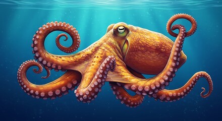Obraz premium Realistic Octopus Swimming Gracefully Under Clear Blue Water with Sunlight Streaming Through