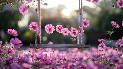 Rustic wooden swing suspended amidst a vibrant cosmos flower field.