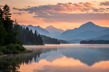 Fototapeta premium Serene Sunrise over Misty Mountain Lake