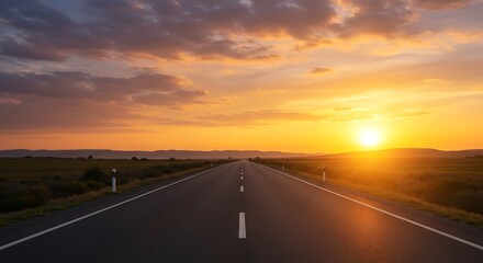 Scenic View of a Long Empty Highway Stretching Towards a Vibrant Sunset with Colorful Clouds