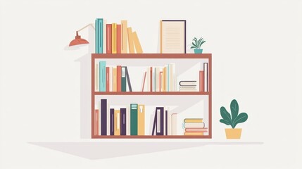 Cozy home library with two shelves, books, lamp, and plant