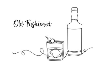 Old Fashioned with Whiskey Bottle. Continuous One Line Vector Illustration.