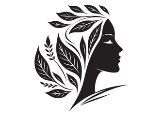 Beautiful women head and leaves logo design vector, beauty woman hair leaf logo, women beauty logo and vector silhouette, Black silhouette of a womans profile with leaves on white background.