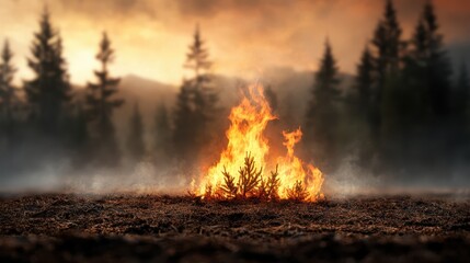 A captivating image of small flames flickering in a conifer forest, invoking feelings of danger and renewal as the ecosystem battles wildfire.
