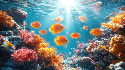 Obraz premium Bright sunlight illuminates colorful coral reefs and swimming orange fish