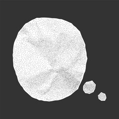 White dialogue bubble made of crumpled paper on dark background. Jagged edges gritty dotted surface and halftone.