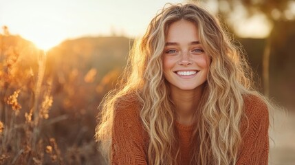 A joyful young woman with wavy hair poses in a natural setting, illuminated by warm golden hour light, exuding happiness and connection with nature around her.