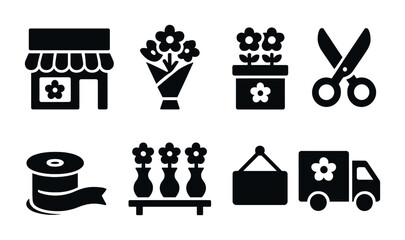 Floral shop silhouette icon set – solid style symbols for flower business, gardening, and event planning: bouquet, florist, scissors, ribbon, delivery truck, potted plant