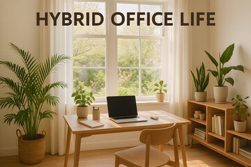 A tidy modern home office with indoor plants, large windows, and a cozy spring feel. "Hybrid Office Life"
