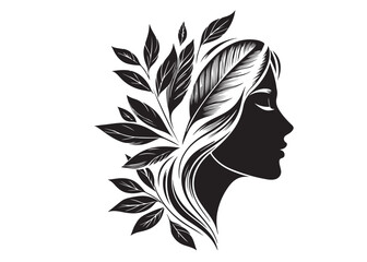 Beautiful women head and leaves logo design vector, beauty woman hair leaf logo, women beauty logo and vector silhouette, Black silhouette of a womans profile with leaves on white background.