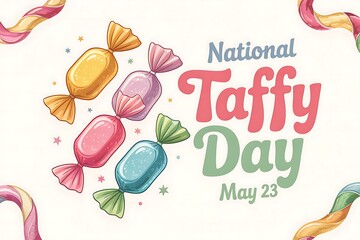 Celebrate National Taffy Day May 23rd with colorful taffy candies whimsical illustrations and a joyful sweet treat design featuring pastel colors and swirling candy elements