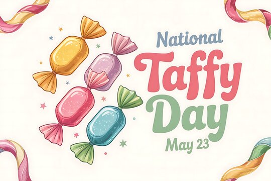 Celebrate National Taffy Day May 23rd with colorful taffy candies whimsical illustrations and a joyful sweet treat design featuring pastel colors and swirling candy elements
