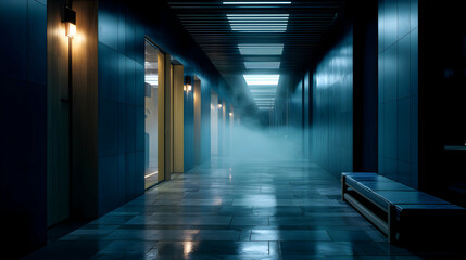 Illuminated perspective: A long hallway with modern architecture and mysterious fog effect inside