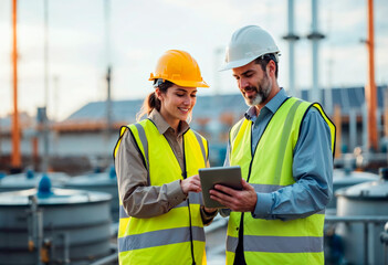 Engineers inspecting sustainable water facility with digital tablet