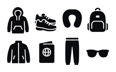 Travel essentials silhouette icon set – filled style journey, adventure, and packing symbols for trip preparation: hoodie, shoes, neck pillow, backpack, jacket, passport, pants, sunglasses.