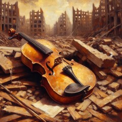 Obraz premium Violin Lost In Rubble Of Bombed City