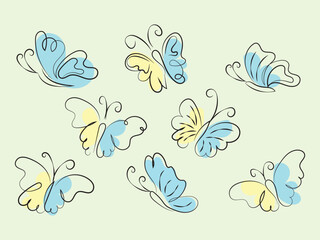 Collection of Eight Delicate Line Art Butterflies with Pastel Colors
