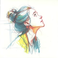 Naklejka premium Colorful portrait drawing of a young woman gazing upward.