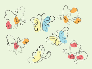 Six Abstract Butterflies Line Art Design Pastel Colors