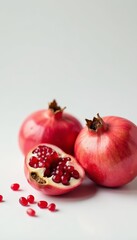 A split open ripe pomegranate revealing its ruby red seeds on a clean white surface, broken, seed