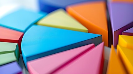 Obraz premium Close-up perspective view of a colorful 3D pie chart showing multiple segments in bright colors, representing data analysis, statistics, or market share. 