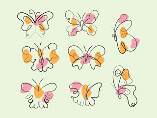 Collection of Eight Abstract Butterflies Line Art Design Elements