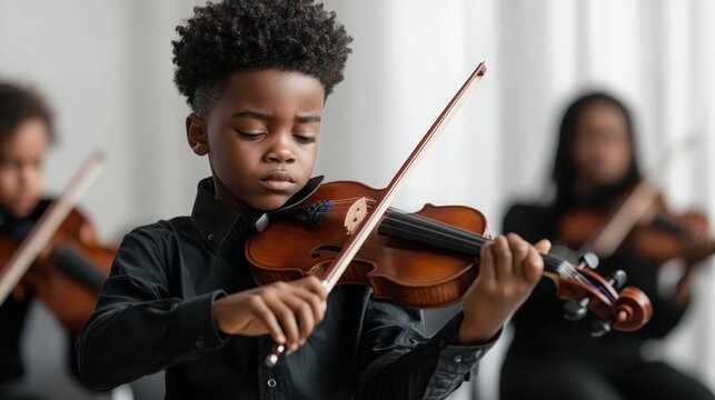 A young boy immersed in playing a violin, demonstrating concentration and skill, surrounded by fellow musicians, showcasing a moment of dedication and passion for music.