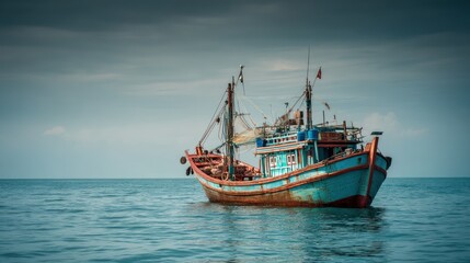 Rustic fishing vessel afloat in a vast expanse of water.