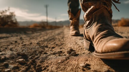 Worn cowboy boots walking a dusty desert road.