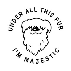 Shaggy dog head in a round text frame. Black and white hand drawn illustration of a chunky pup with happy face in doodle style. Vector element for pet-themed designs, prints, and stickers