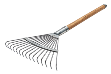garden rake with metal tines and long wooden handle