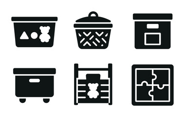 Toy storage and organization icon set - silhouette style kids room, playroom, tidying symbols: toy box, basket, storage bin, cart, shelf, puzzle, organizer.
