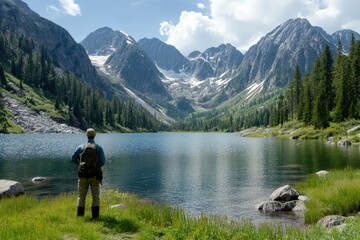 Exploring a serene mountain landscape at a tranquil lake surrounded by towering peaks
