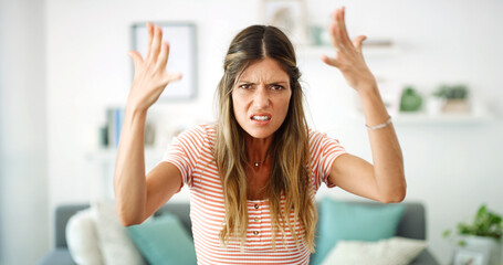 Woman, frustrated and stressed with portrait, issue or annoyed with confused expression in living...