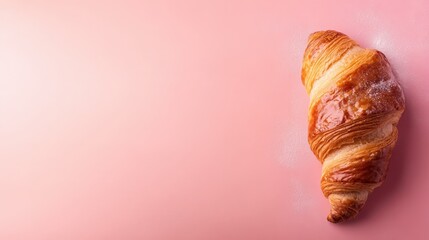 The image presents a croissant dusted with sugar on a light pink background, showcasing its inviting golden crust and flaky texture, perfect for pastry lovers.