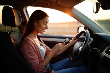 Young beautiful woman traveling by car using smartphone at sunset. Leisure, travel, technology, blogging.