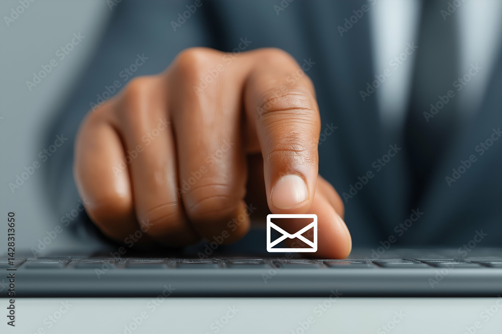 Poster a close-up of a hand pressing an envelope icon on a keyboard, symbolizing email communication and di
