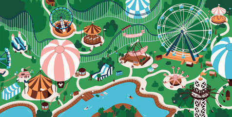Amusement park landscape top view. People have fun on ferris wheel, carousels, roller coaster, outdoor entertainments. Happy families with kids are on funfair in summer. Flat vector illustration