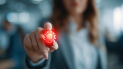 Woman's finger points towards a glowing red button.