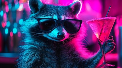 raccoon in retro shades clutching neon cocktail, late night vibe .