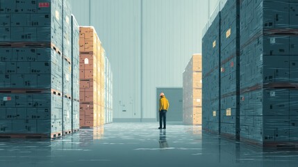 Worker contemplates storage space in a modern warehouse.