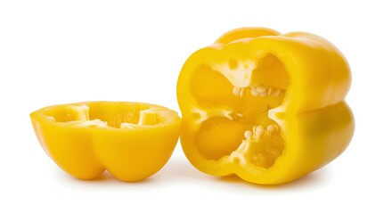 Bright yellow bell pepper isolated on white background for healthy eating and summer recipes. Fresh organic yellow bell pepper on white background for vegan and vegetarian food concepts