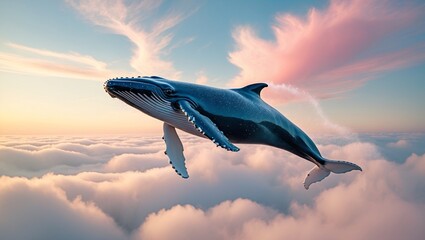 A whale flying above with the beauty of the clouds surrounding it