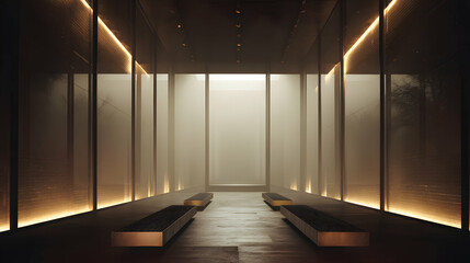 Mysterious modern interior with illumination and benches creating an intriguing ambience