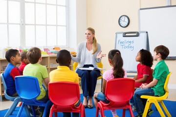 School psychologist talks about emotions during meeting with group of elementary school students.