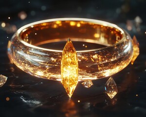 Futuristic high priest's ceremonial ring with floating crystal shards illuminated by soft golden light Astral reflections hyper-crisp textures