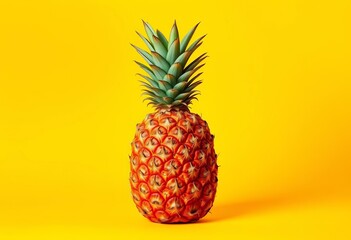 A vibrant pineapple sits alone against a sunny yellow backdrop, clean, summer