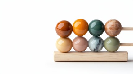 Seven vibrant colored balls displayed on a wooden balance board, showcasing a playful yet structured arrangement that combines color and form elegantly in creative ways.